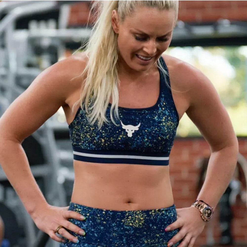 Under Armour Project Rock Printed CROSSBACK Sports Bra in Academy NWT